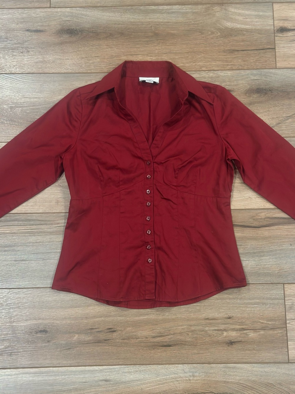 LOFT Office Chic Cotton Red Long Sleeve Button-up Fitted Blouse | Size 4 Petite